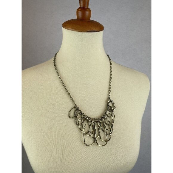 Vintage Statement Gold Tone Bib Necklace Textured Metal Open Circles Adjustable - Picture 1 of 6